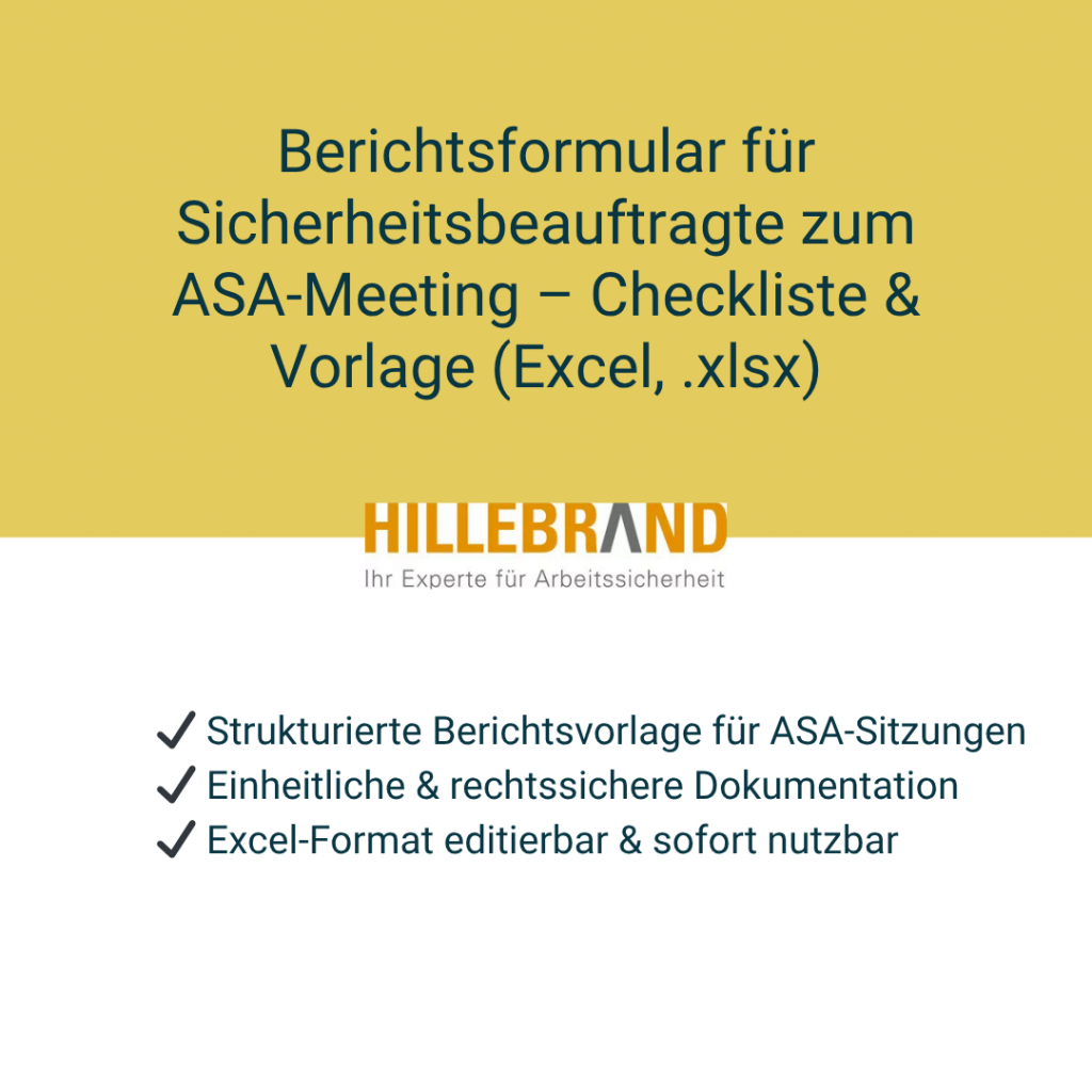 Berichtsformular für Sicherheitsbeauftragte zum ASA-Meeting – Excel-Vorlage und Checkliste zur einheitlichen, rechtssicheren Dokumentation von ASA-Sitzungen.