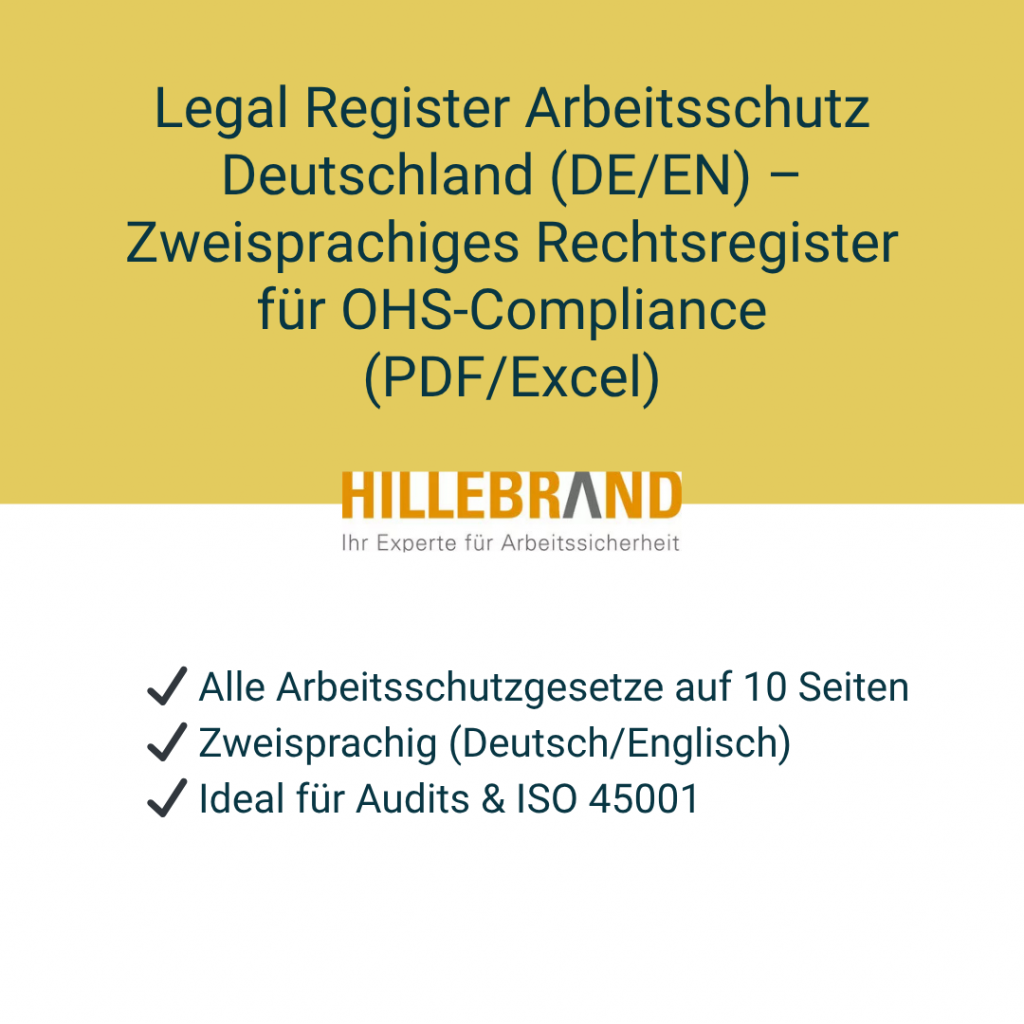 Zweisprachiges Legal Register Arbeitsschutz Deutschland (DE/EN) für OHS-Compliance – Übersicht aller Arbeitsschutzgesetze als PDF und Excel von Hillebrand Arbeitssicherheit.